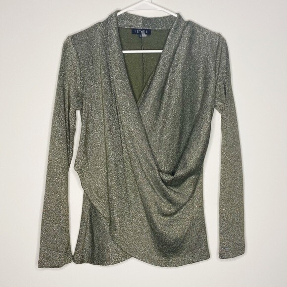 1. State Sparkle Knit Cross Front Top Army Green Heather Metallic Balletcore XS - Picture 2 of 8